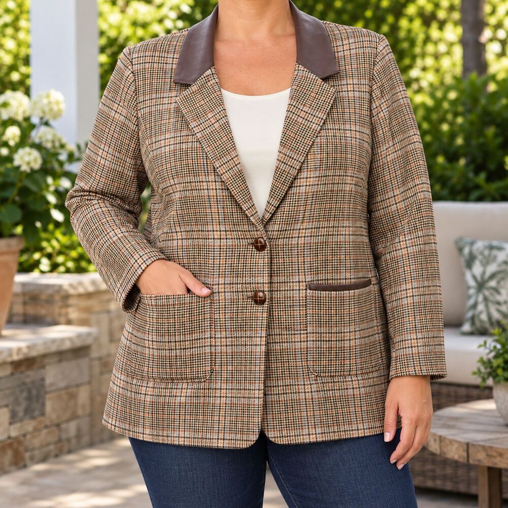 Cato 18/20W Plaid Longline Blazer Brown Faux Leather Trim Plus Size NWT